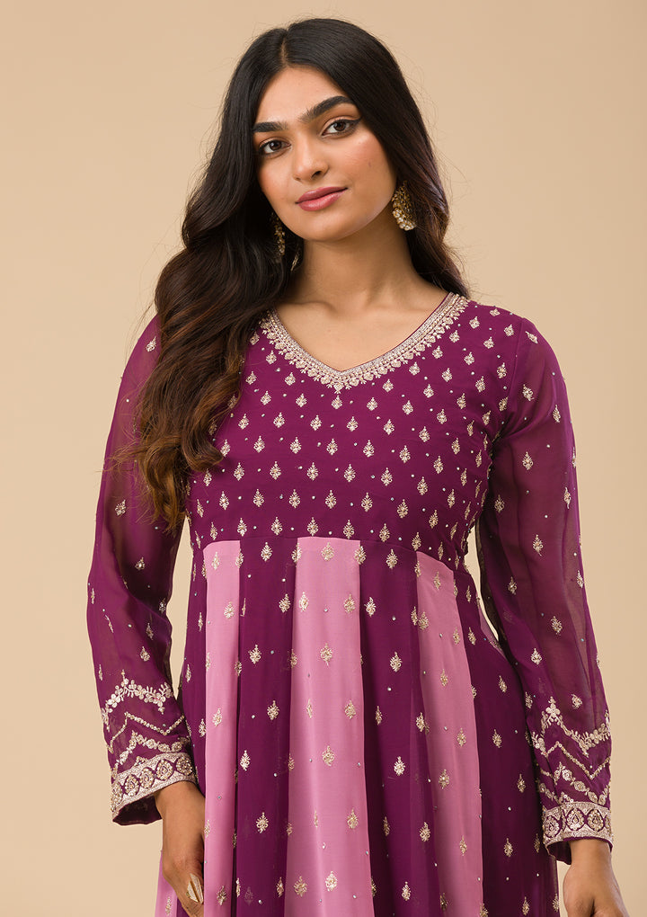 Wine Silver Zariwork Georgette Readymade Salwar Suit