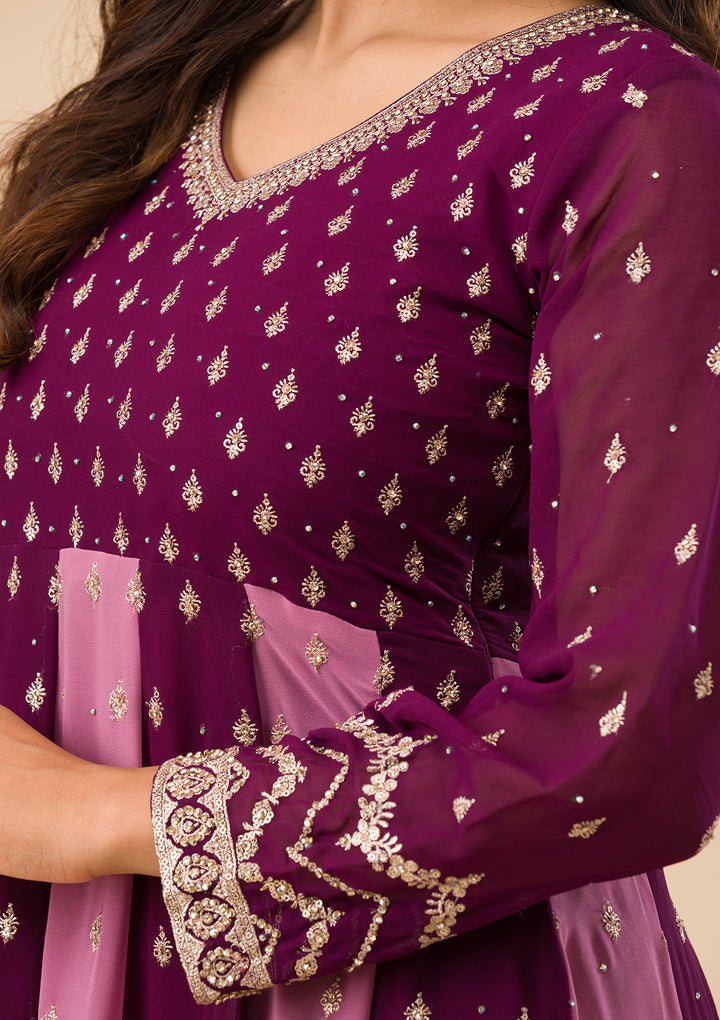 Wine Silver Zariwork Georgette Readymade Salwar Suit