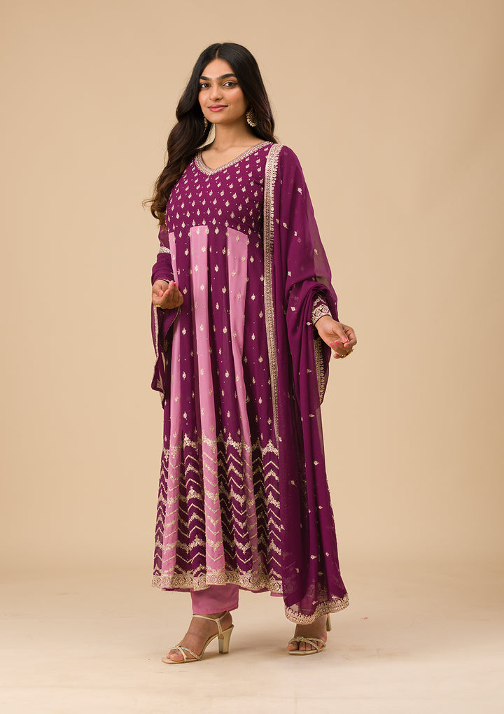 Wine Silver Zariwork Georgette Readymade Salwar Suit