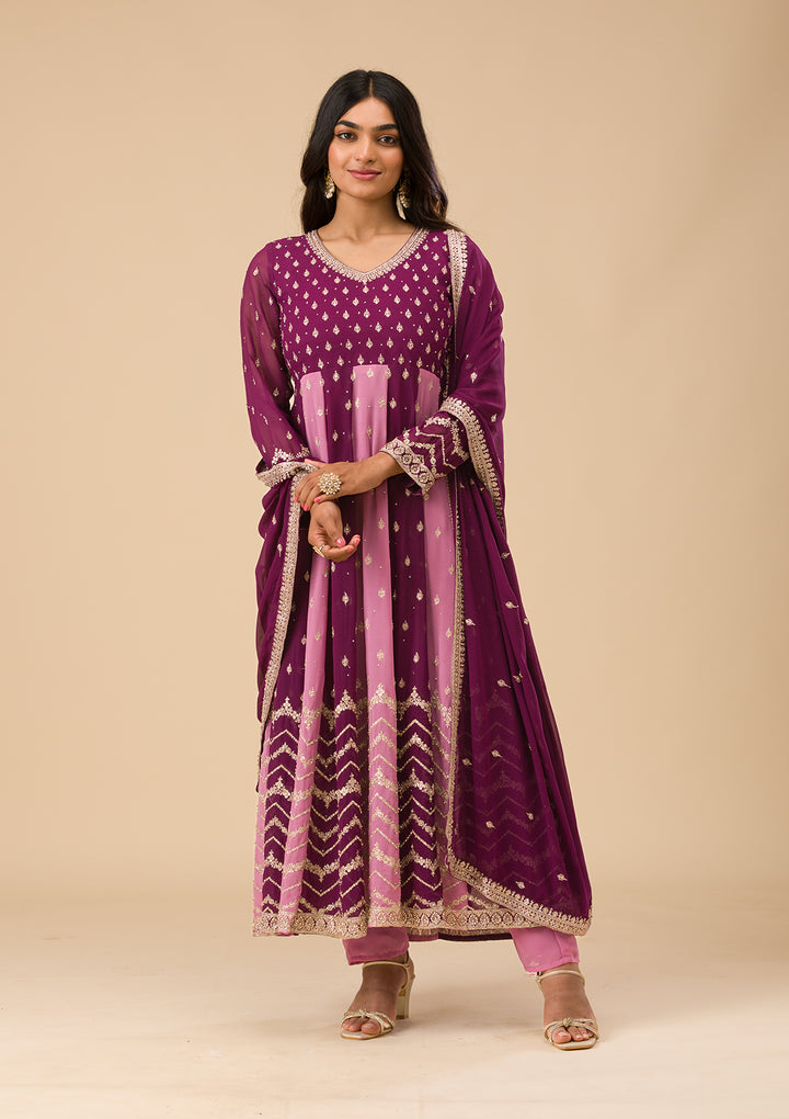 Wine Silver Zariwork Georgette Readymade Salwar Suit