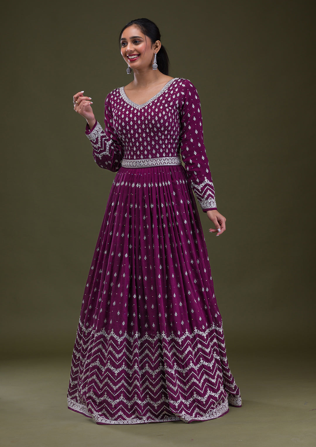 Wine Stonework Raw Silk Readymade Anarkali Suit