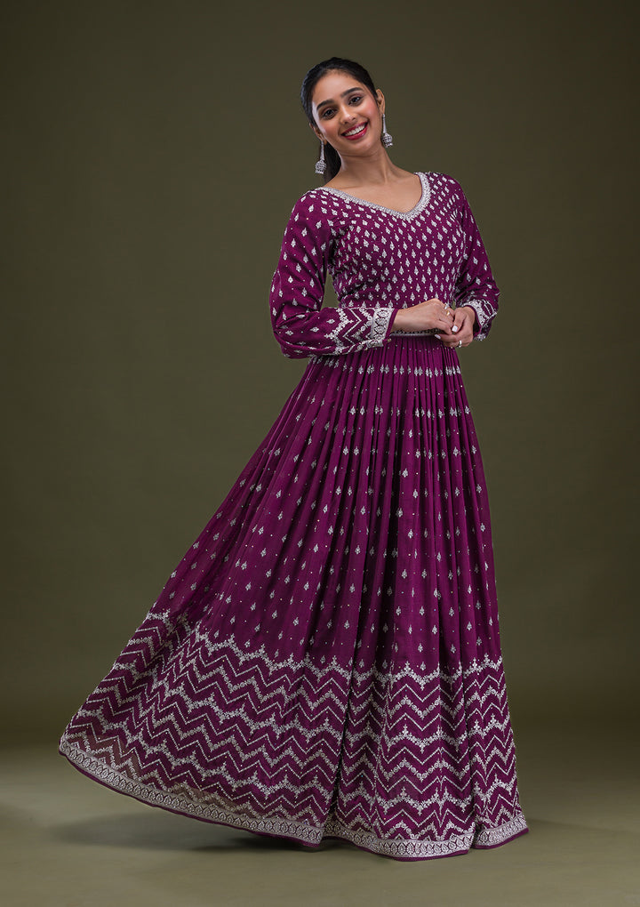 Wine Stonework Raw Silk Readymade Anarkali Suit