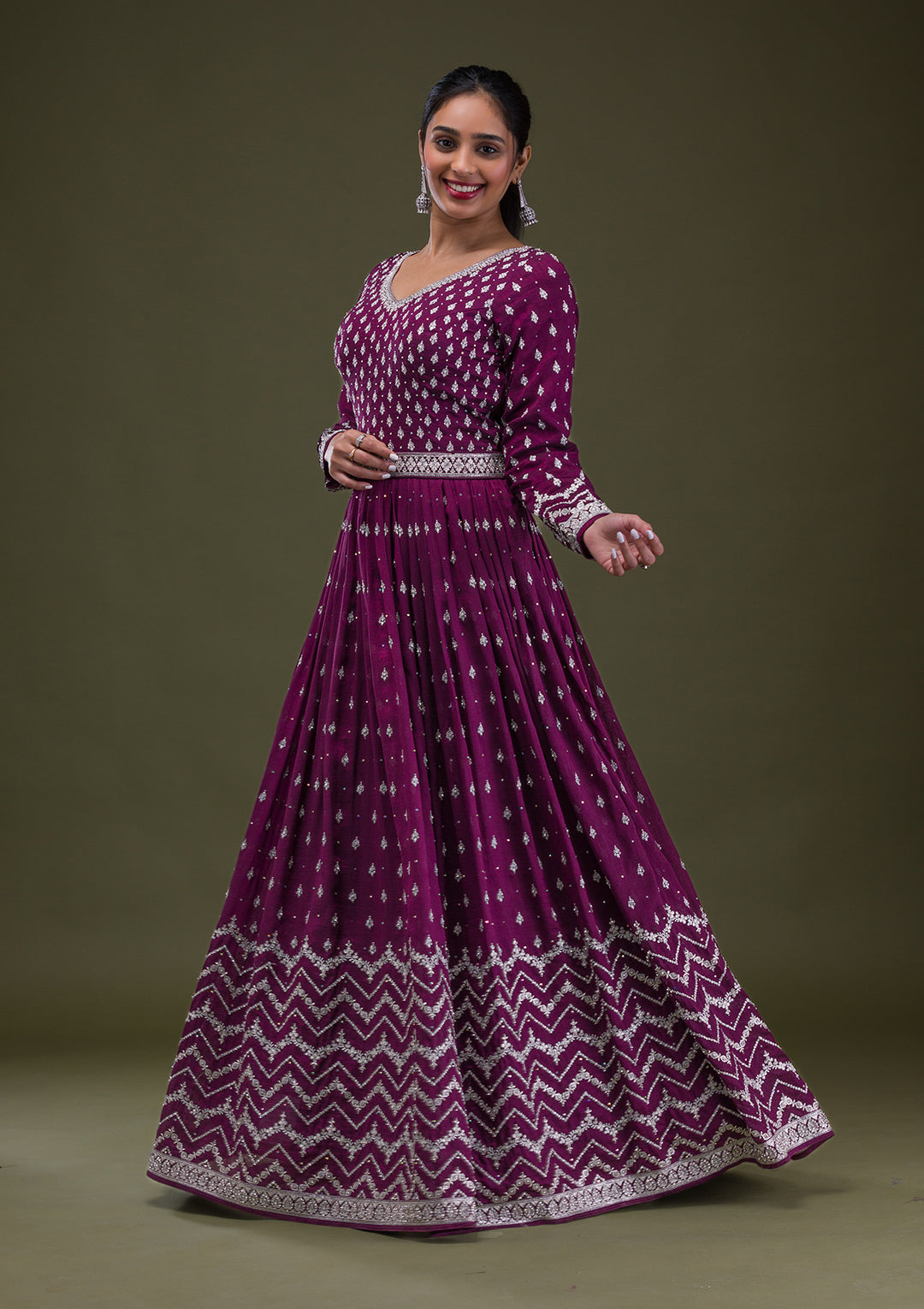 Wine Stonework Raw Silk Readymade Anarkali Suit