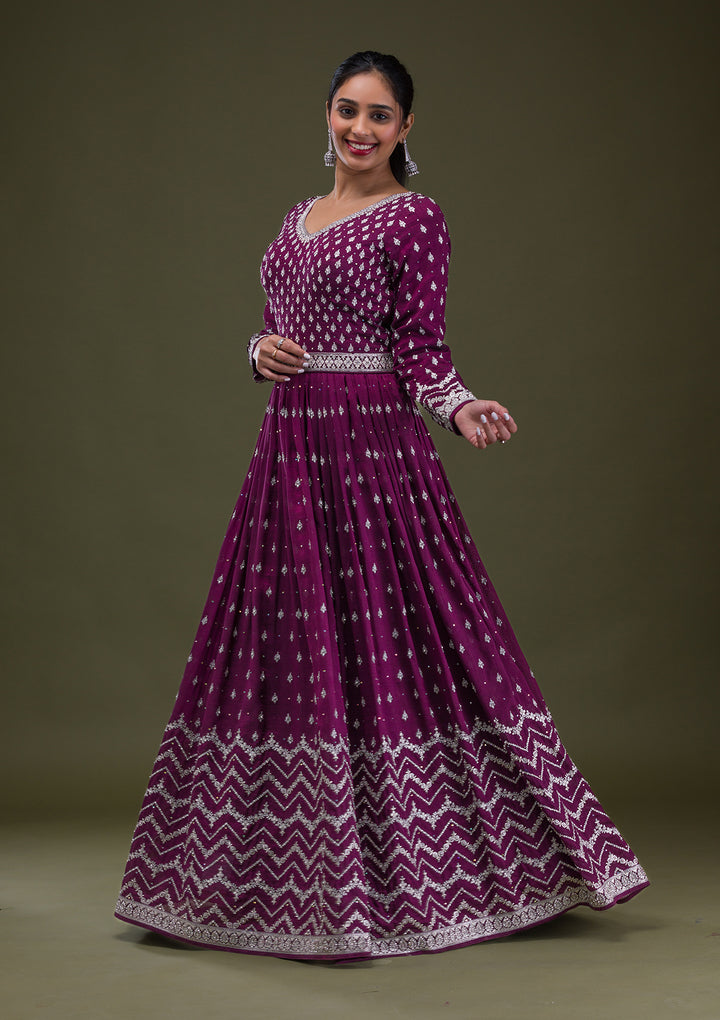 Wine Stonework Raw Silk Readymade Anarkali Suit