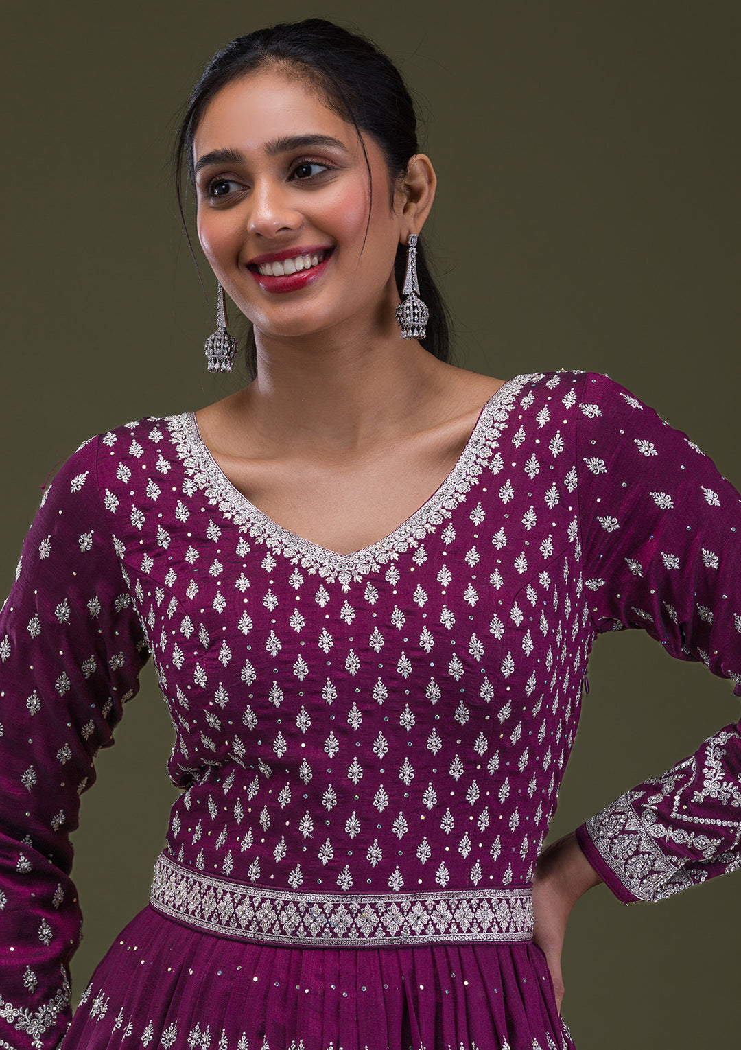 Wine Stonework Raw Silk Readymade Anarkali Suit