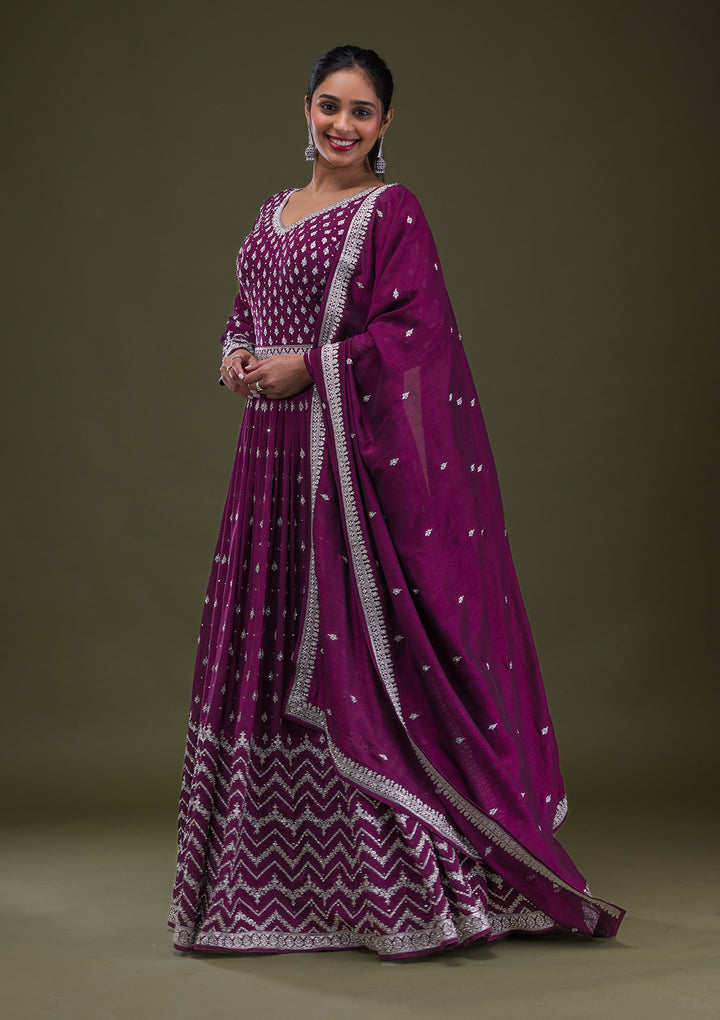Wine Stonework Raw Silk Readymade Anarkali Suit