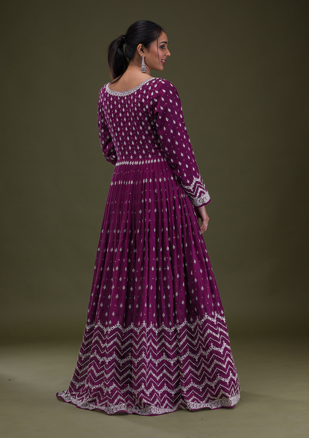 Wine Stonework Raw Silk Readymade Anarkali Suit