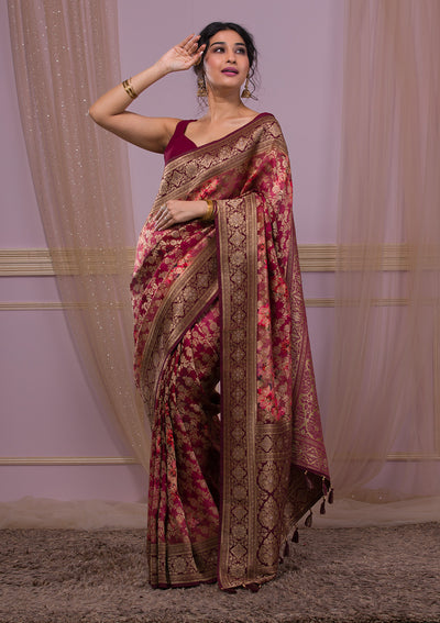 Wine Swarovski Art Silk Saree-Koskii