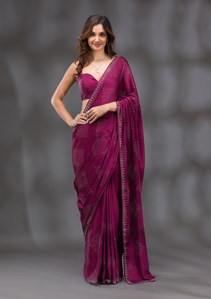 Wine Swarovski Crepe Saree