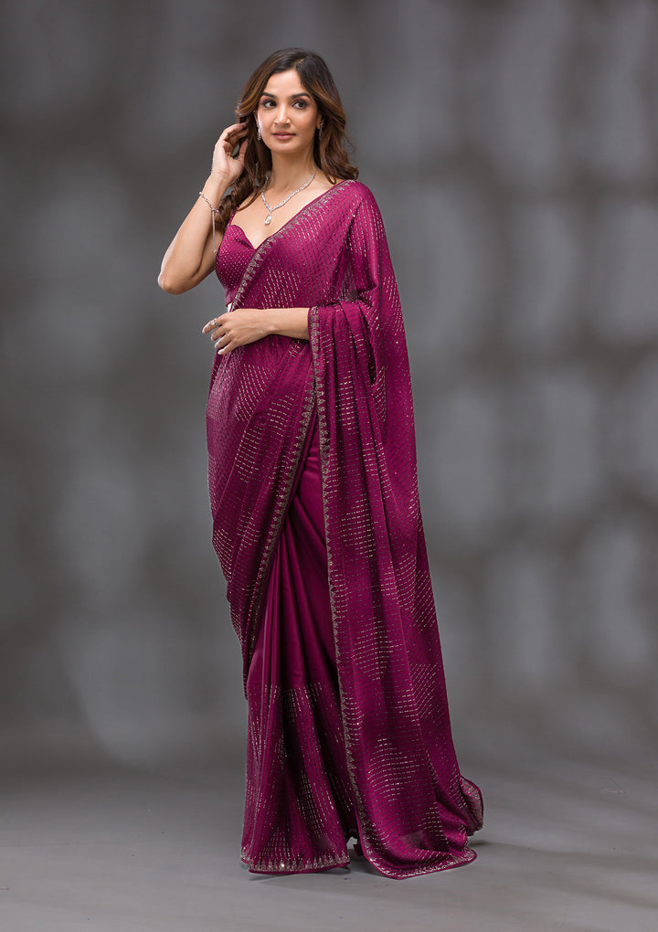 Wine Swarovski Crepe Saree