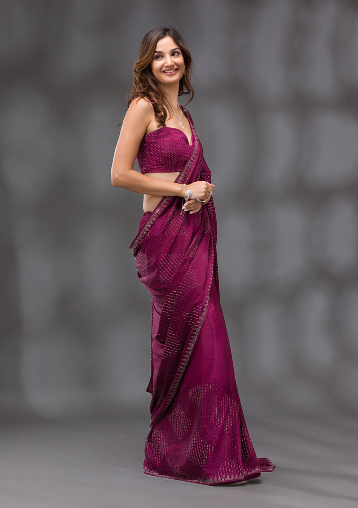 Wine Swarovski Crepe Saree