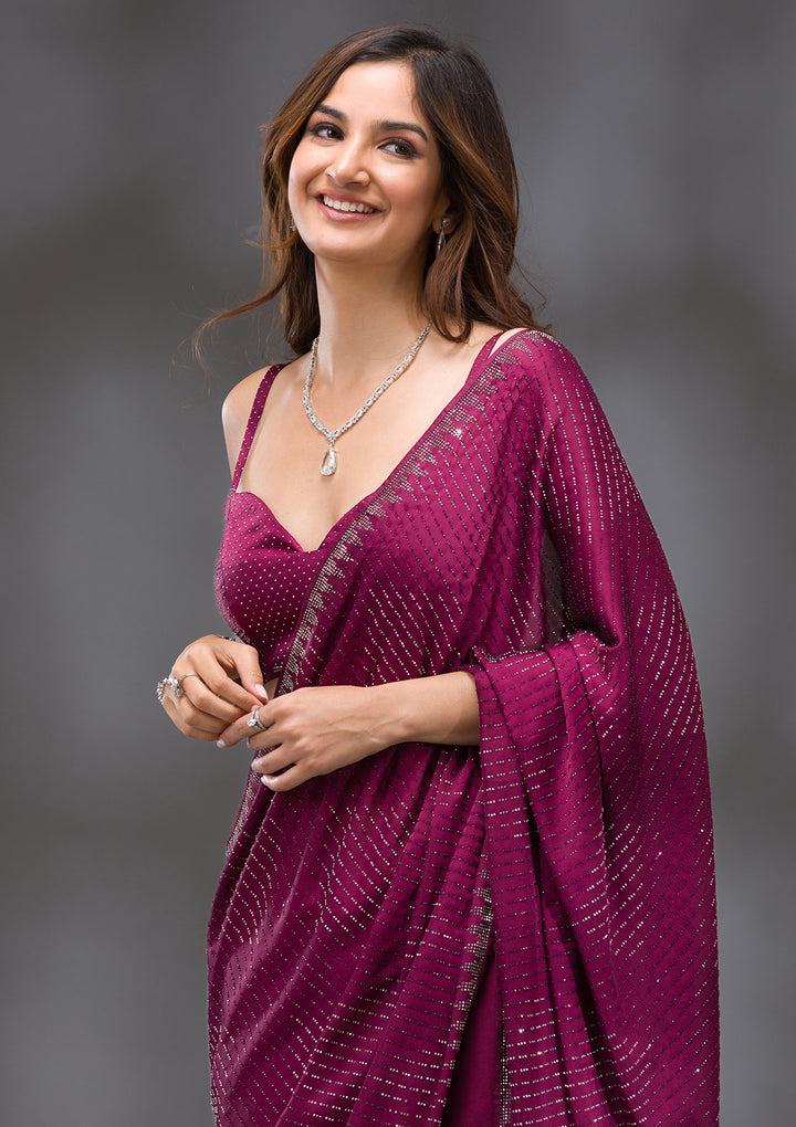 Wine Swarovski Crepe Saree