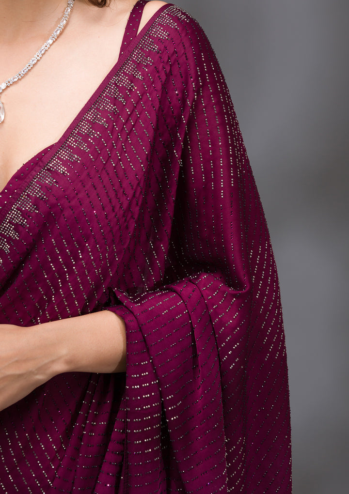 Wine Swarovski Crepe Saree