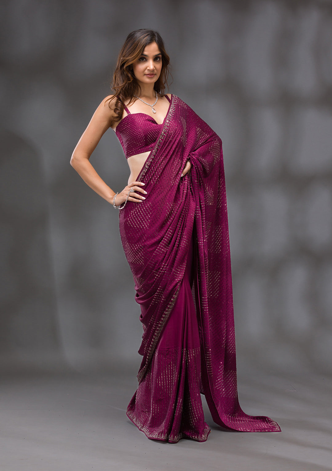 Wine Swarovski Crepe Saree