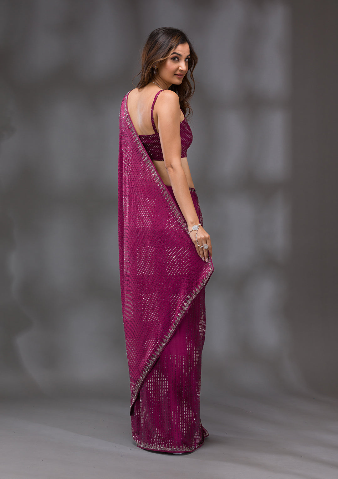 Wine Swarovski Crepe Saree
