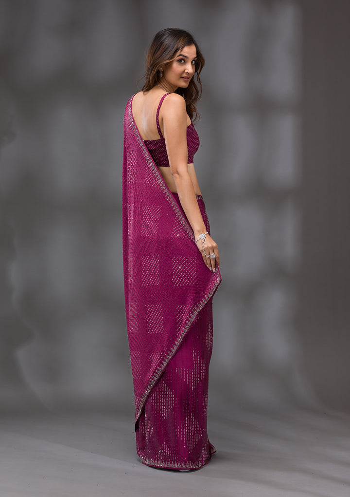 Wine Swarovski Crepe Saree