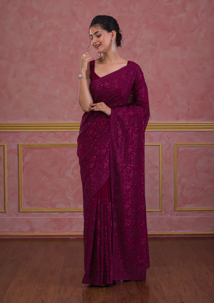 Wine Swarovski Georgette Designer Saree