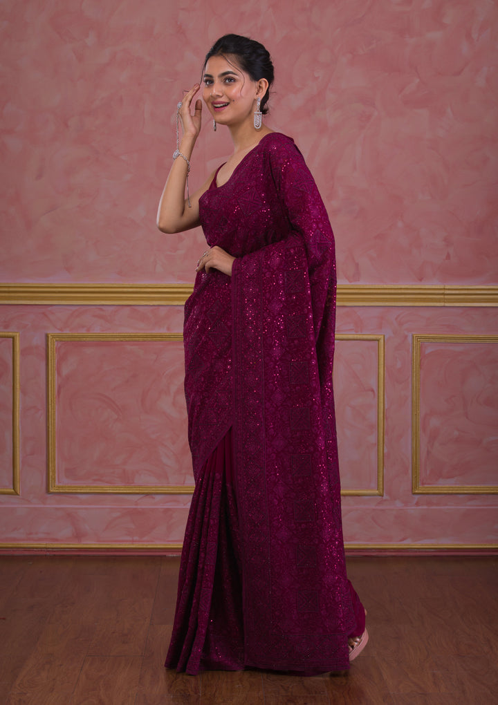 Wine Swarovski Georgette Designer Saree