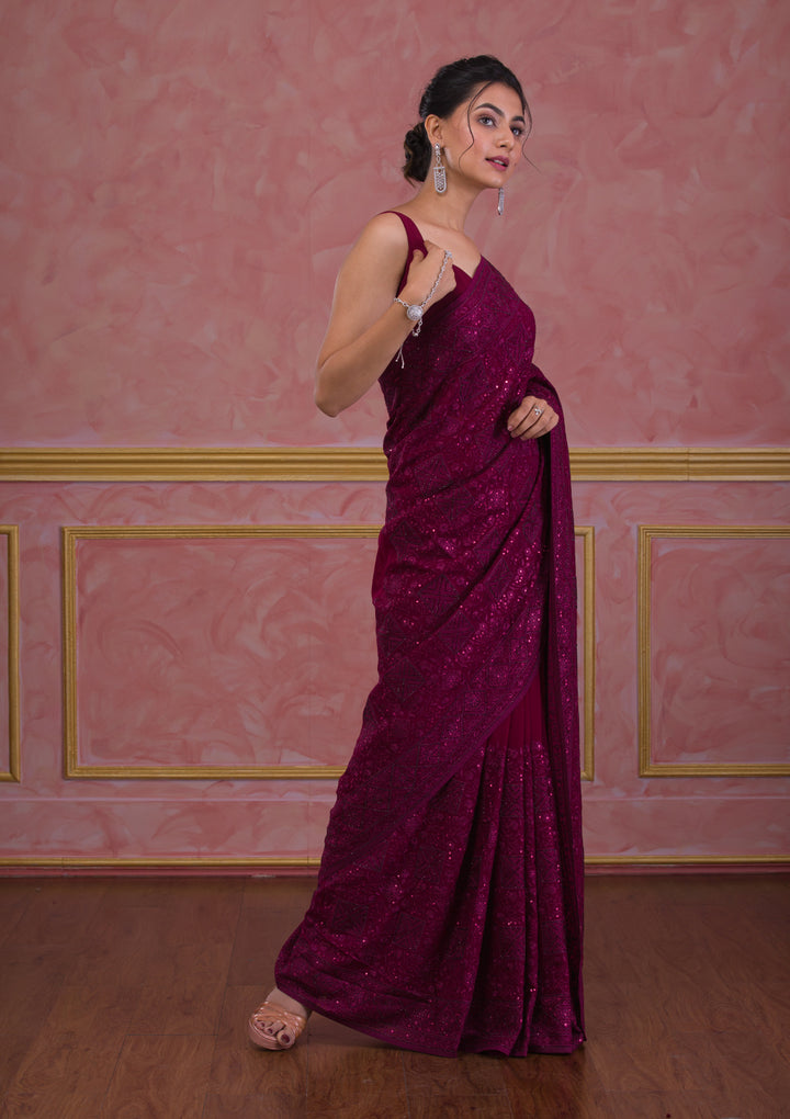Wine Swarovski Georgette Designer Saree
