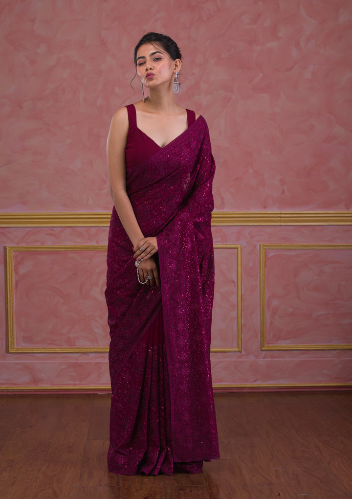 Wine Swarovski Georgette Designer Saree-Koskii