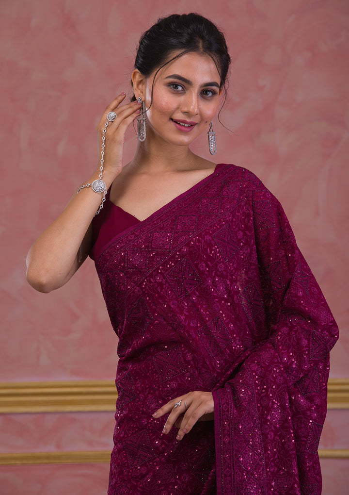 Wine Swarovski Georgette Designer Saree