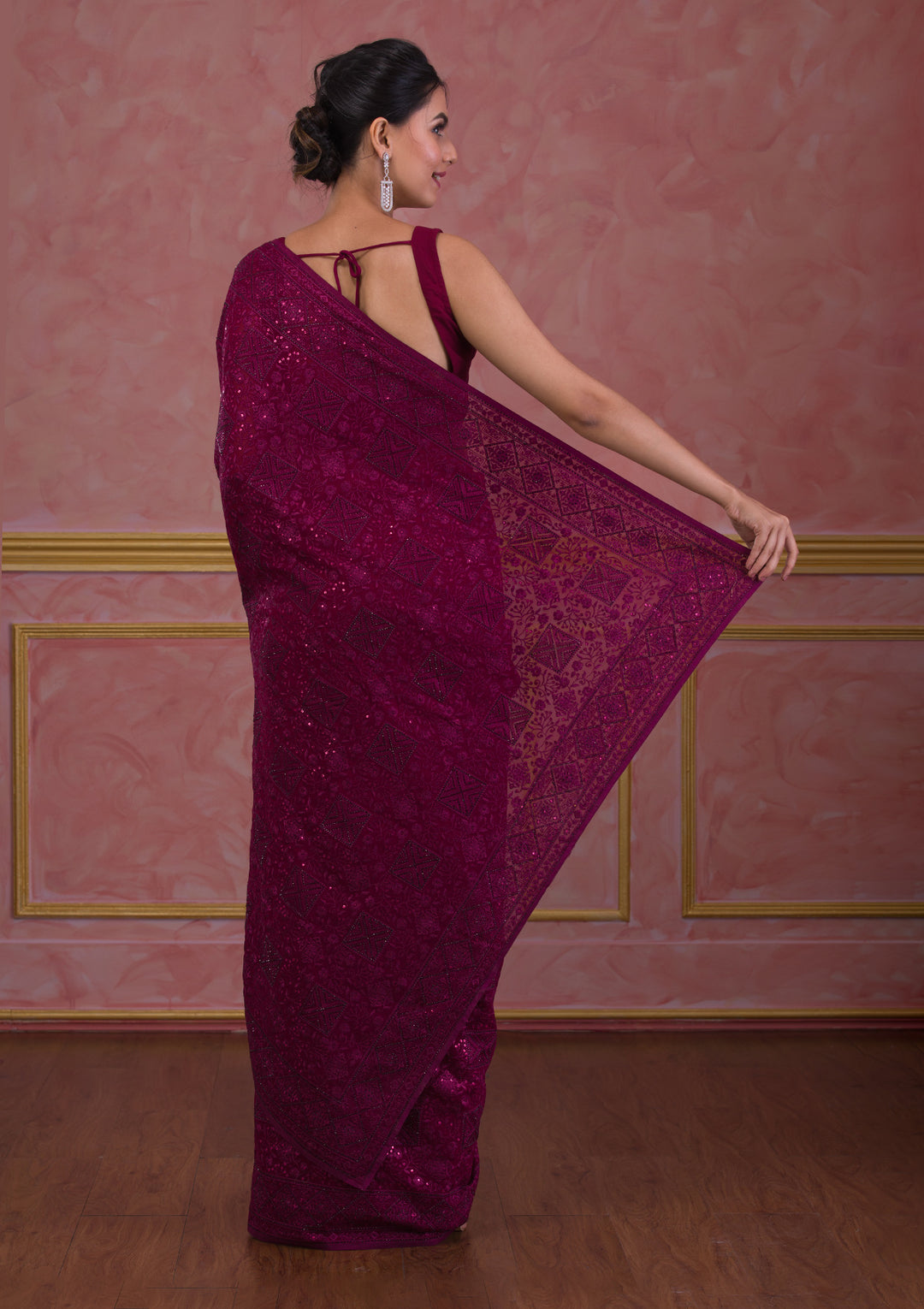Wine Swarovski Georgette Designer Saree