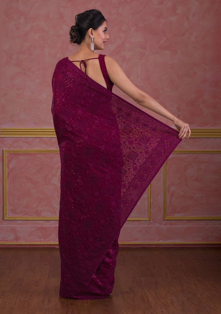 Wine Swarovski Georgette Designer Saree