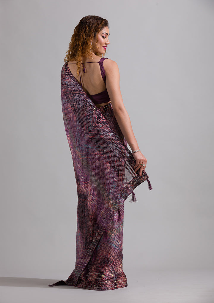 Wine Swarovski Georgette Saree