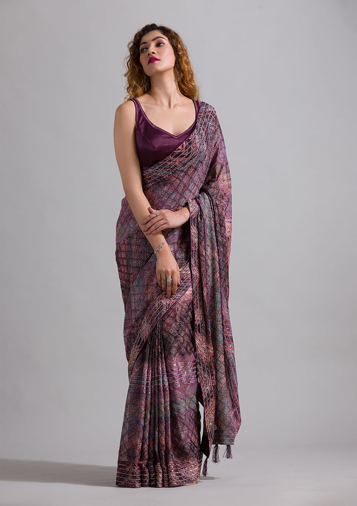 Wine Swarovski Georgette Saree