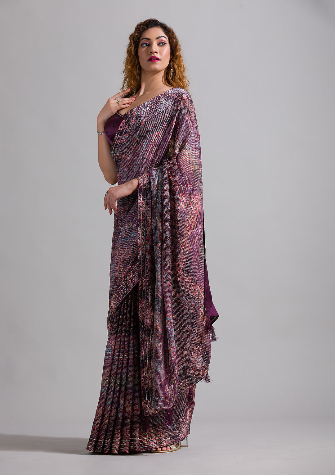Wine Swarovski Georgette Saree