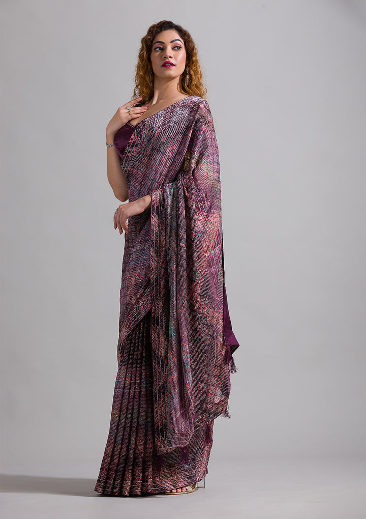 Wine Swarovski Georgette Saree