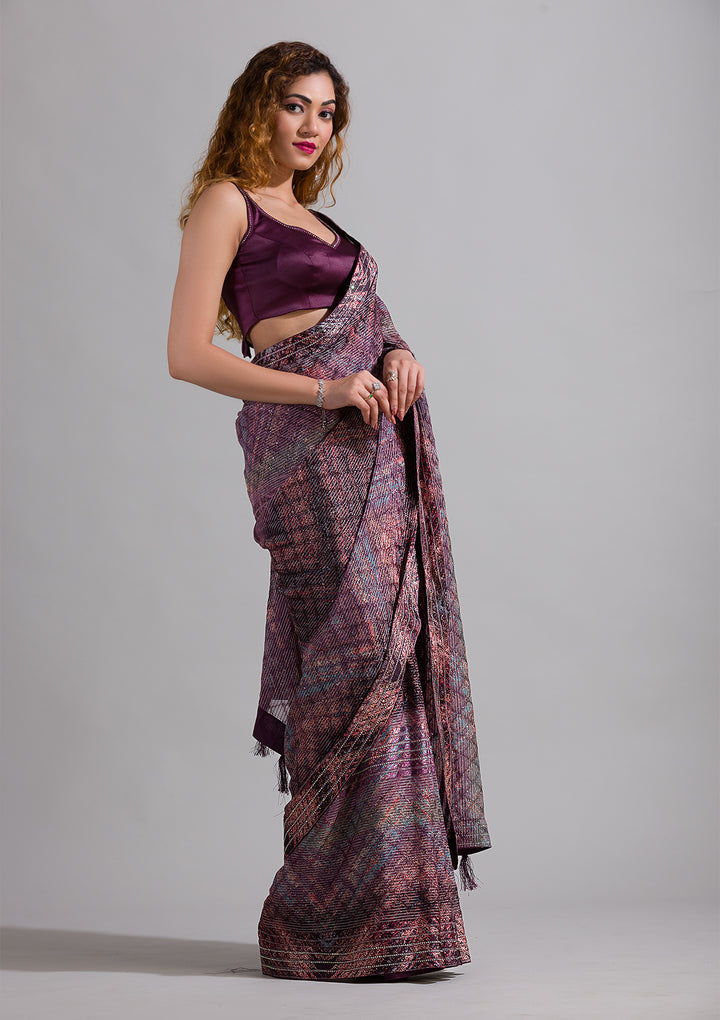 Wine Swarovski Georgette Saree