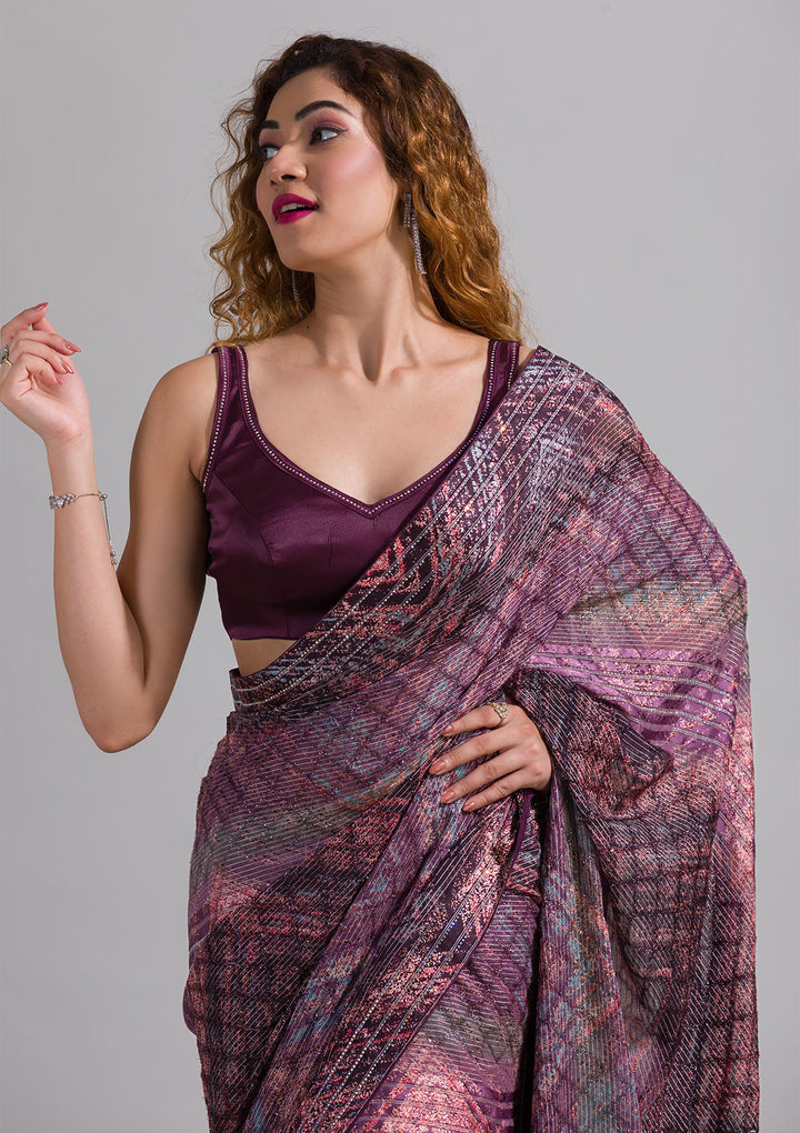 Wine Swarovski Georgette Saree