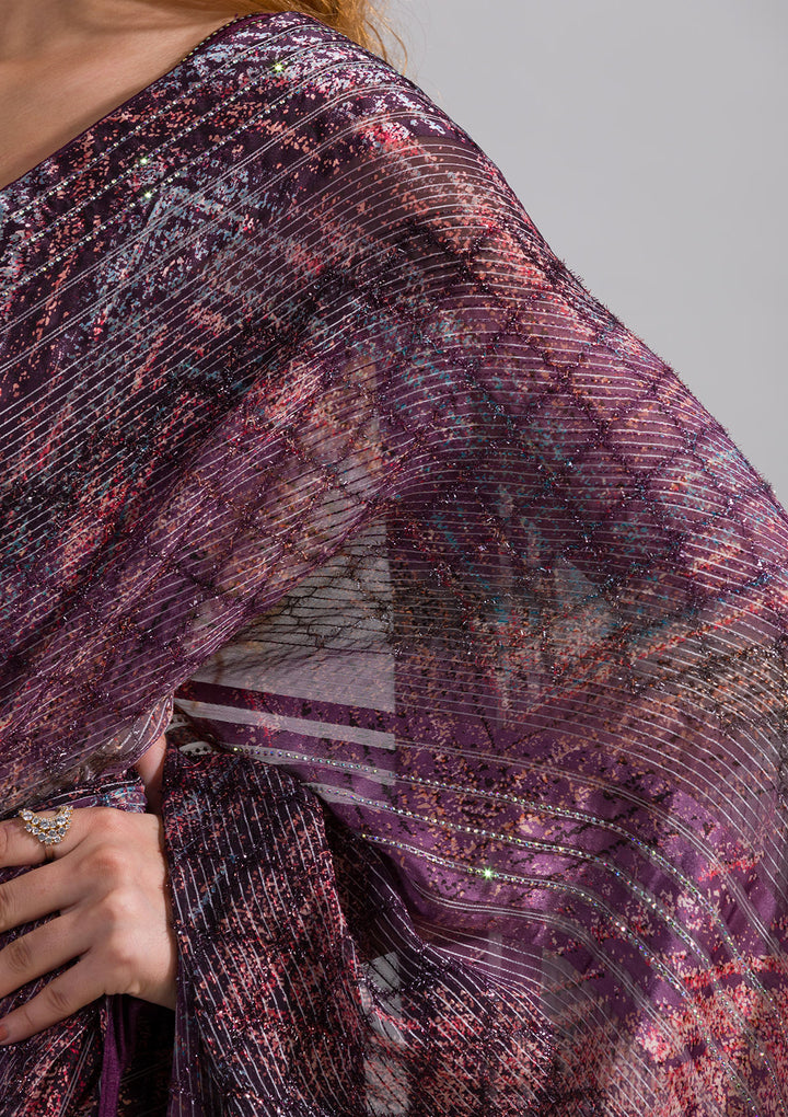 Wine Swarovski Georgette Saree