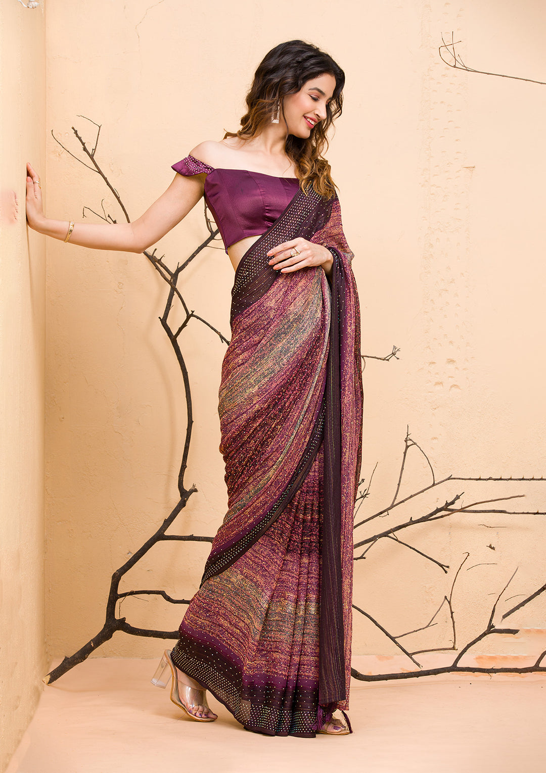 Wine Swarovski Chiffon Designer Saree
