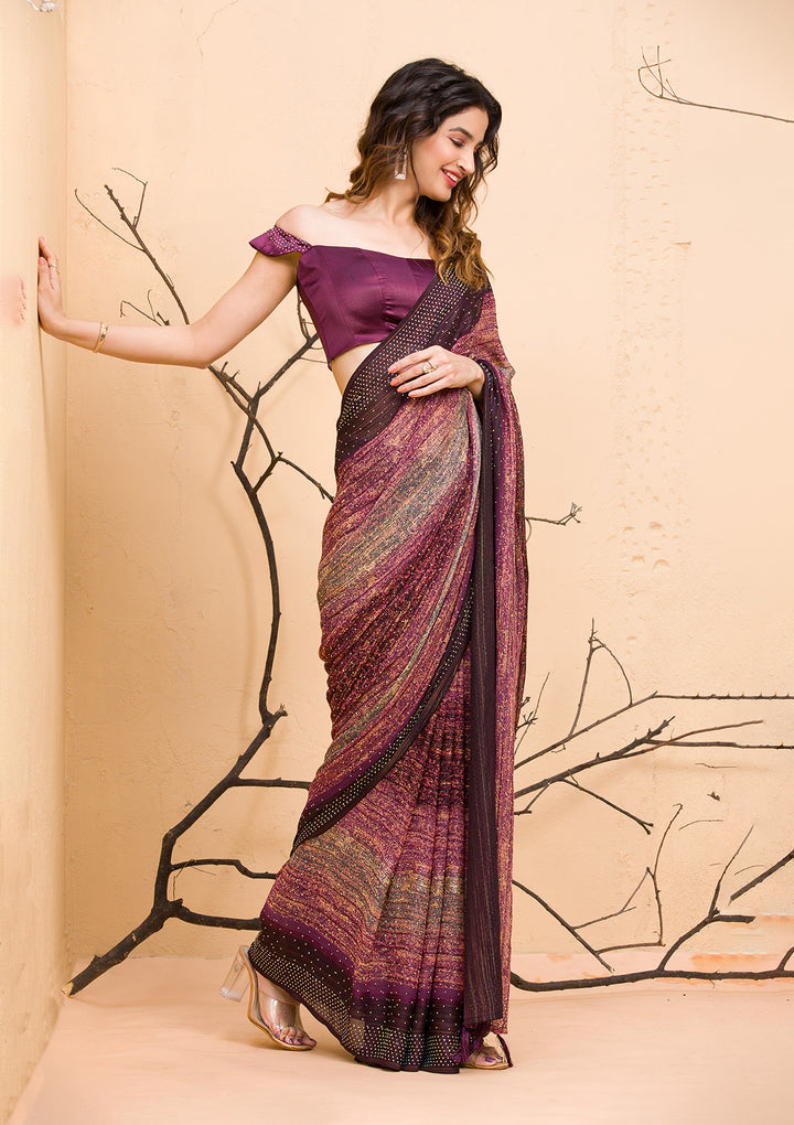 Wine Swarovski Chiffon Designer Saree
