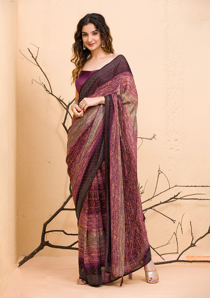 Wine Swarovski Chiffon Designer Saree