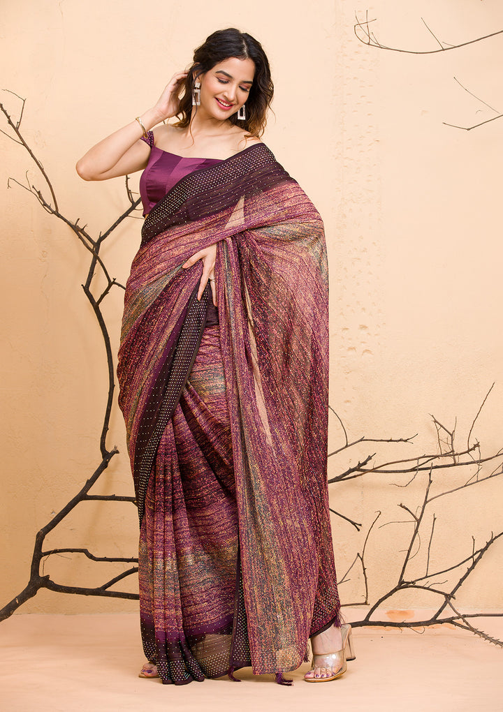 Wine Swarovski Chiffon Designer Saree