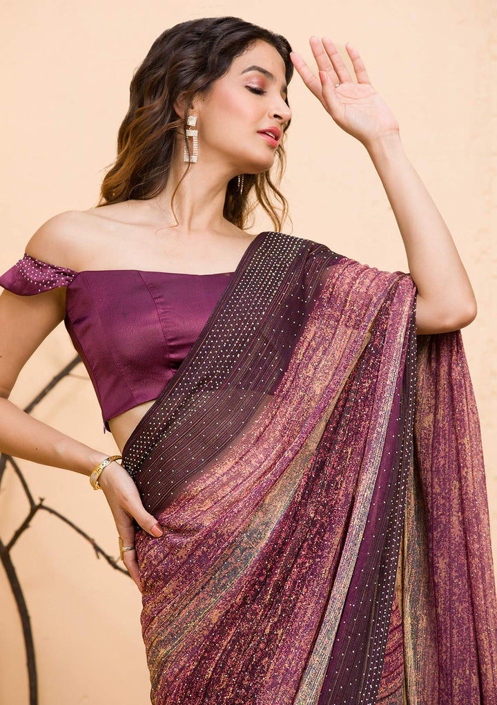 Wine Swarovski Chiffon Designer Saree