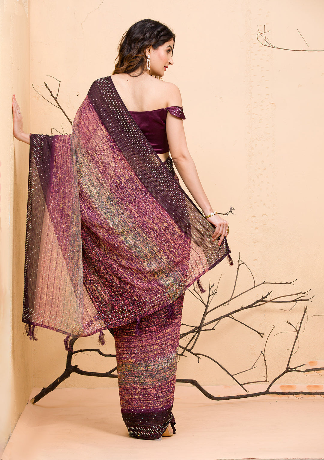 Wine Swarovski Chiffon Designer Saree