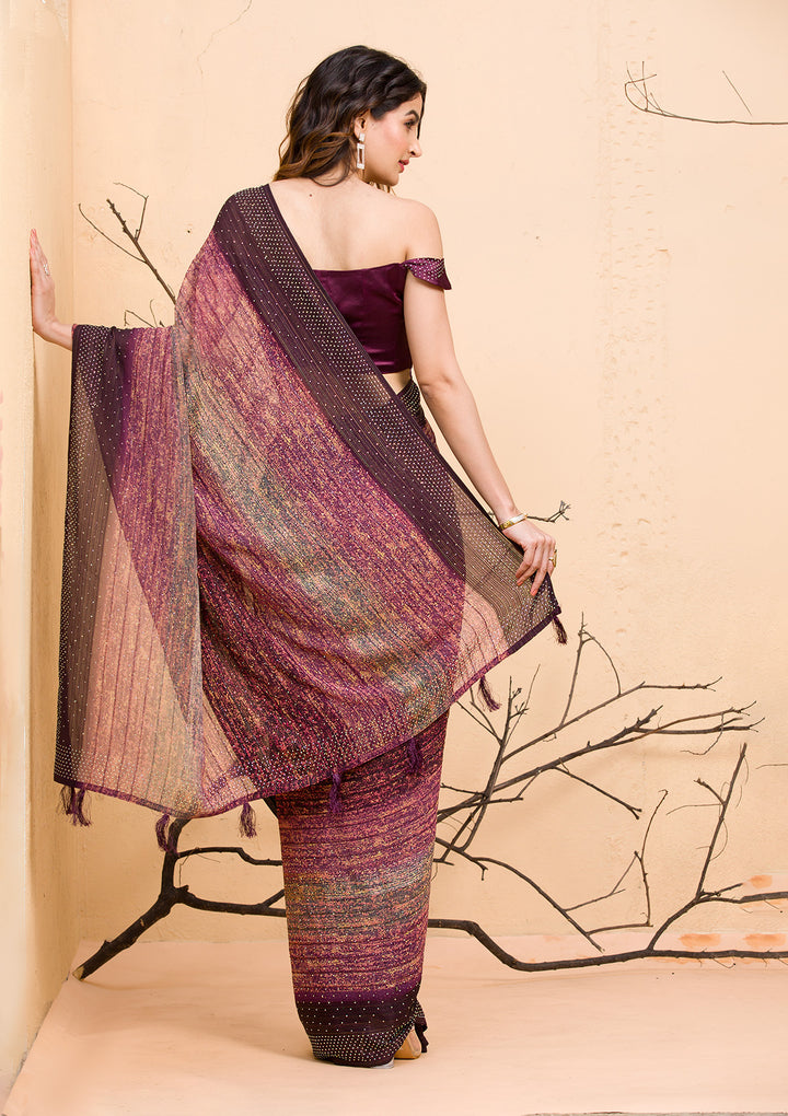Wine Swarovski Chiffon Designer Saree