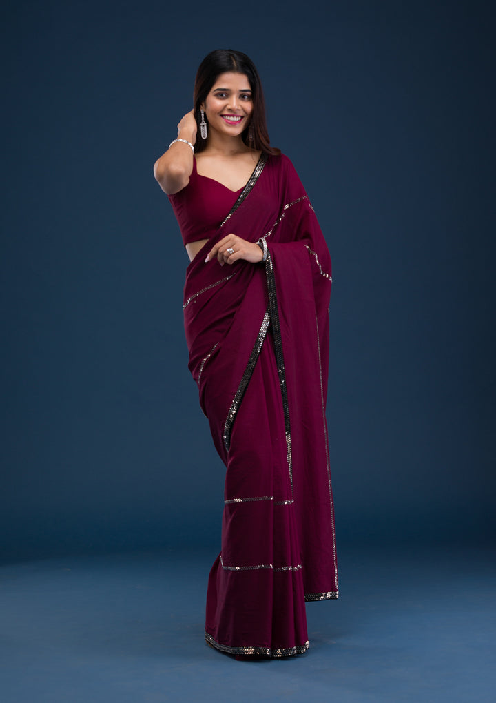Wine Swarovski Satin Saree