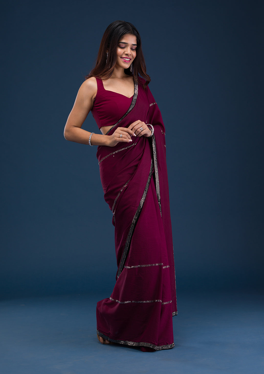 Wine Swarovski Satin Saree