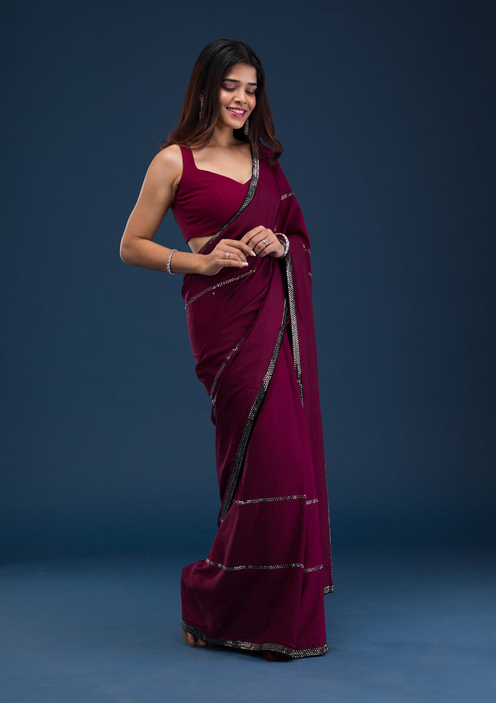 Wine Swarovski Satin Saree