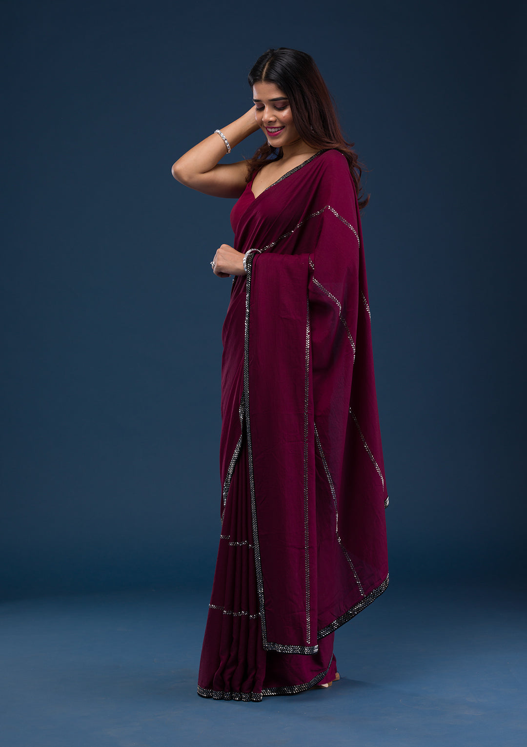 Wine Swarovski Satin Saree