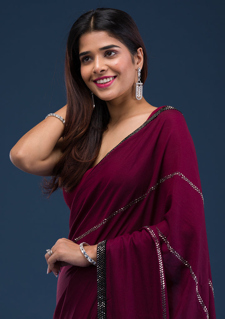 Wine Swarovski Satin Saree