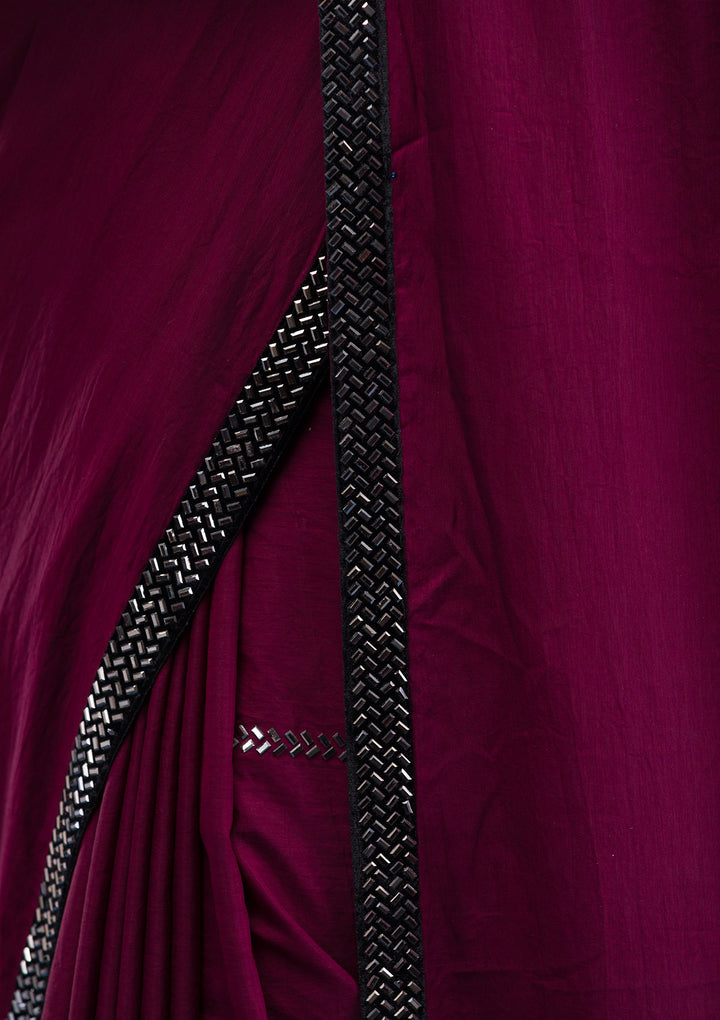 Wine Swarovski Satin Saree