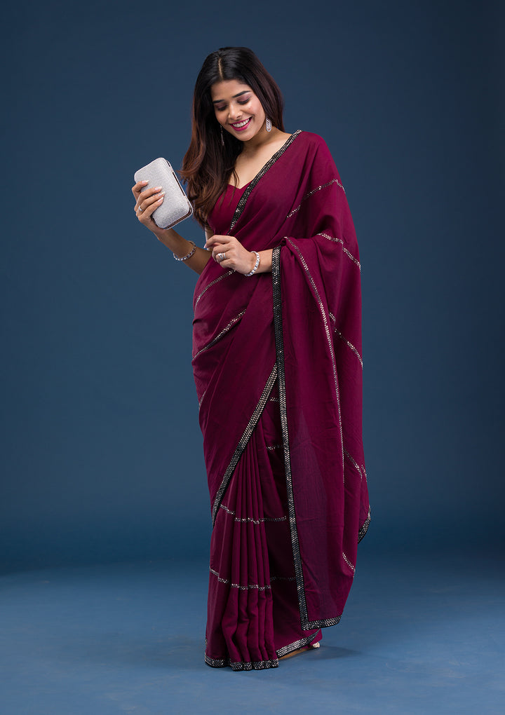 Wine Swarovski Satin Saree