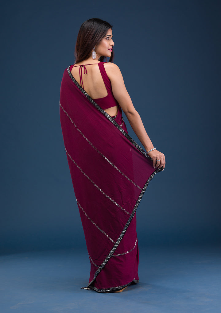 Wine Swarovski Satin Saree