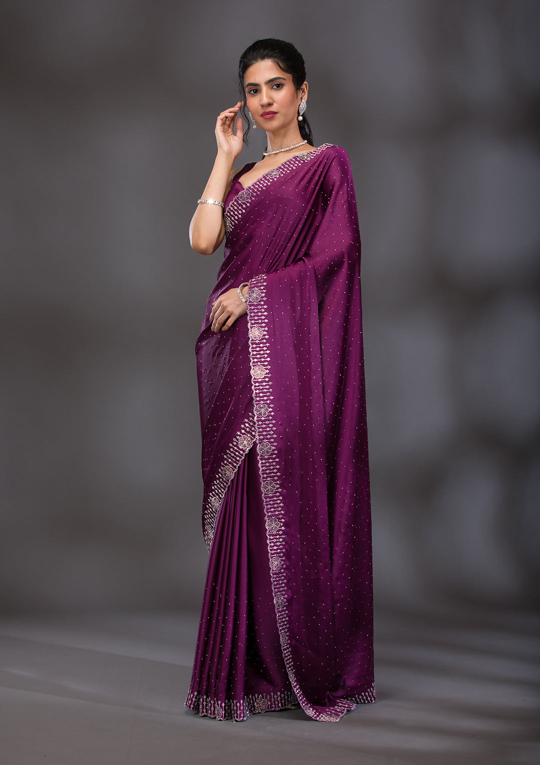 Wine Swarovski Satin Saree